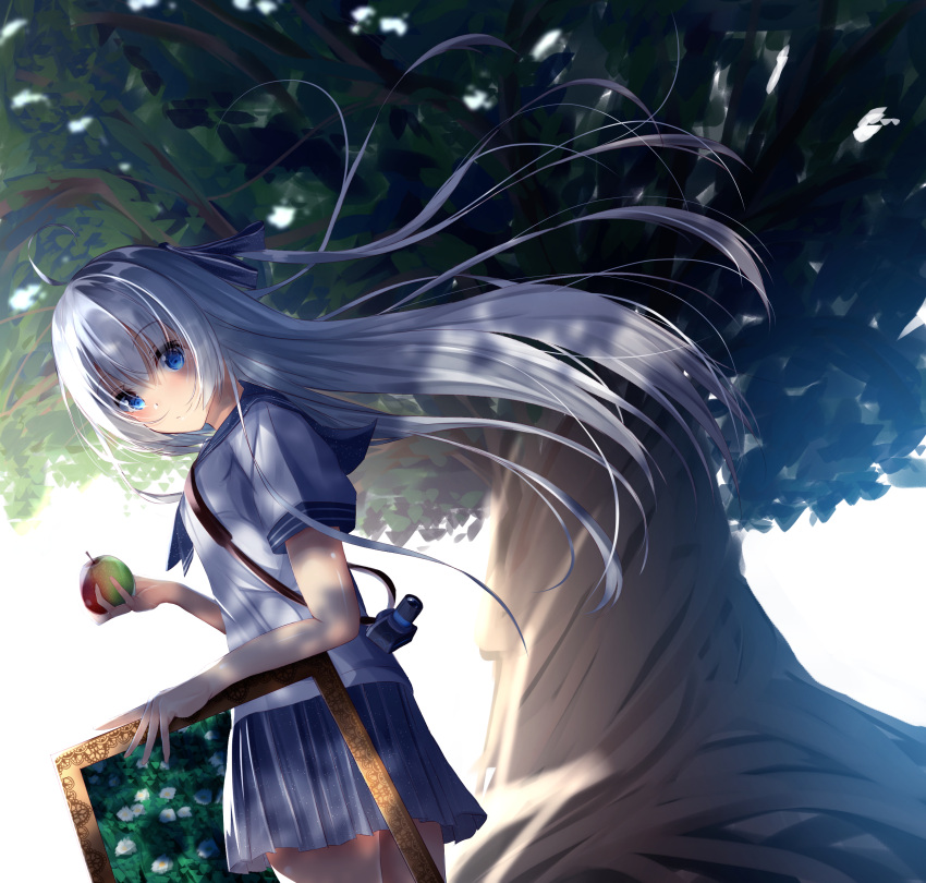 1girl ahoge apple bangs blue_eyes blue_ribbon blue_skirt camera cowboy_shot day eyebrows_visible_through_hair floating_hair food fruit hair_between_eyes hair_ribbon highres holding holding_fruit long_hair looking_at_viewer looking_back miniskirt original outdoors pleated_skirt ribbon shiny shiny_skin shirt short_sleeves silver_hair skirt smile solo suisen-21 tree very_long_hair white_shirt