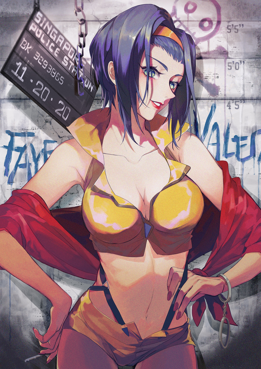 1girl breasts cleavage cowboy_bebop cuffs faye_valentine green_eyes hairband handcuffs highres keikoku_(kujira) midriff navel purple_hair short_hair short_shorts shorts solo suspenders