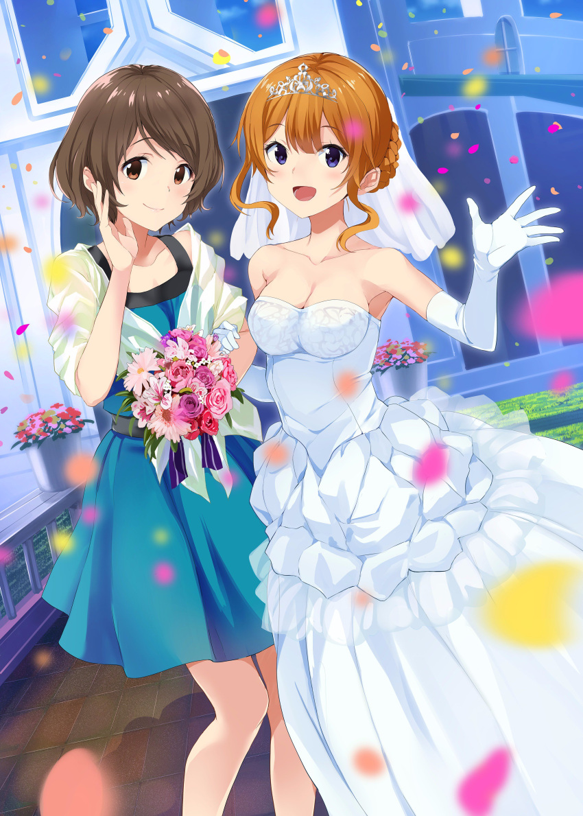 2girls :d absurdres bangs blue_dress blue_eyes bouquet braid breasts bridal_veil brown_eyes brown_hair cleavage collarbone day diadem dress elbow_gloves eyebrows_visible_through_hair flower gloves hair_between_eyes highres holding holding_bouquet long_hair medium_breasts mirai_denki multiple_girls neko_ga_kureta_maarui_shiawase open_mouth outdoors purple_flower purple_rose red_flower red_rose rose shawl short_dress short_hair short_hair_with_long_locks sidelocks sleeveless sleeveless_dress smile standing striped striped_dress veil wedding_dress white_dress white_gloves