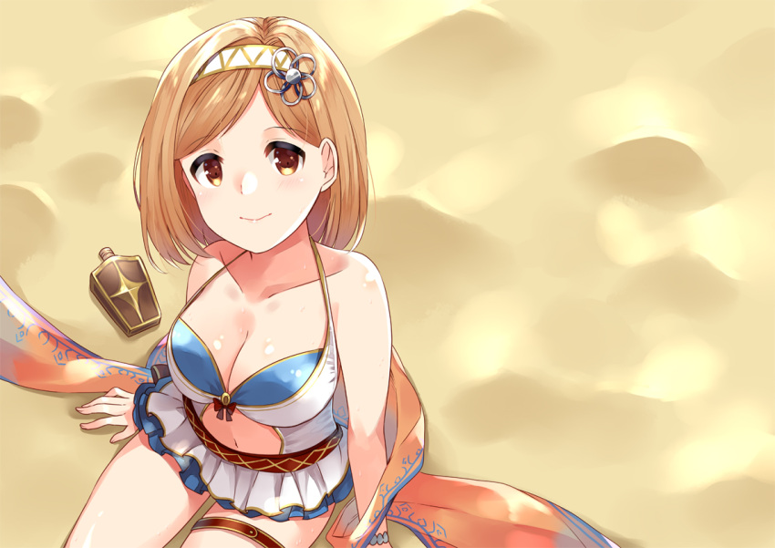 1girl bangs beach belt bikini_skirt blonde_hair bottle breasts brown_eyes cleavage collarbone djeeta_(granblue_fantasy) from_above granblue_fantasy hair_ornament hairband halterneck layered_swimsuit loose_belt medium_breasts nasunoko navel sand short_hair sitting smile solo swept_bangs thigh_strap