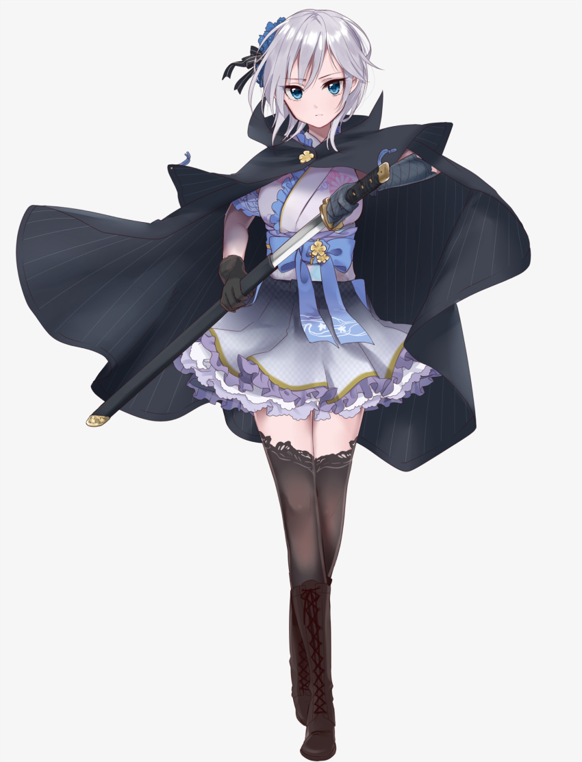 1girl anastasia_(idolmaster) blue_eyes cape flower full_body gloves hair_flower hair_ornament highres idolmaster idolmaster_cinderella_girls japanese_clothes katana misumi_(macaroni) sheath short_hair silver_hair solo sword thigh-highs unsheathing weapon