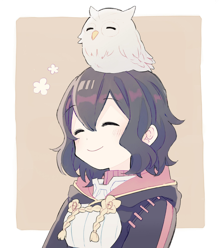 1girl bird black_hair blush_stickers closed_eyes feh_(fire_emblem_heroes) fire_emblem fire_emblem:_kakusei fire_emblem_heroes highres hood mark_(female)_(fire_emblem) mark_(fire_emblem) moriya_(sorairo717) owl short_hair turtleneck