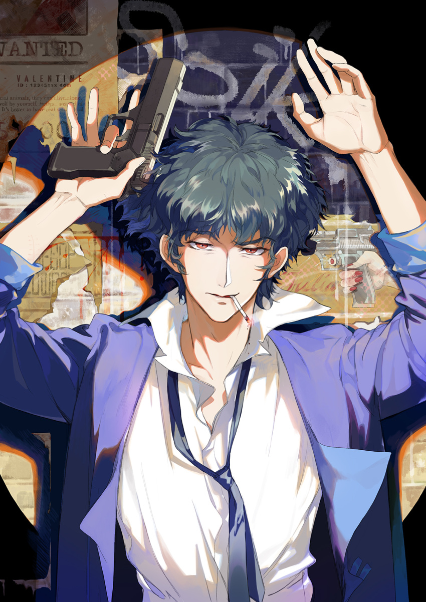 1boy artificial_eye brown_eyes cigarette cowboy_bebop gun handgun hands_up highres imi_jericho keikoku_(kujira) male_focus necktie smirk solo spike_spiegel weapon