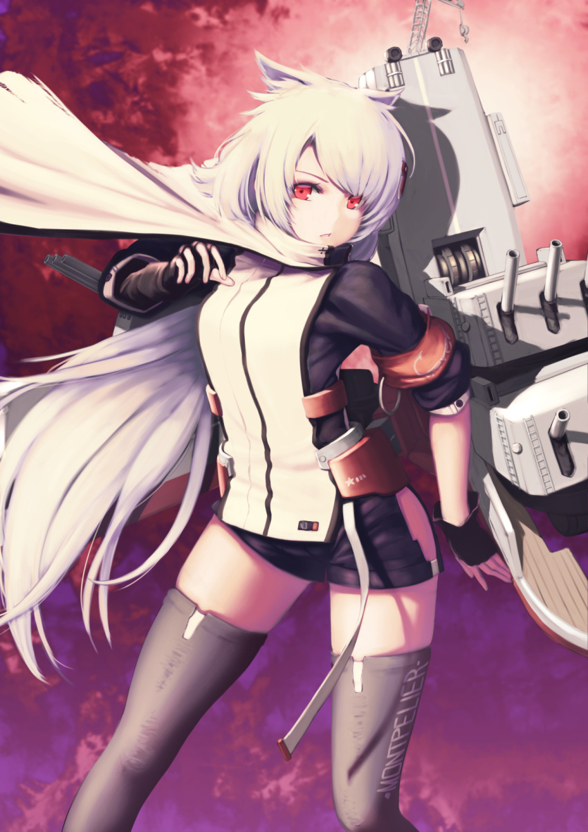 1girl ahoge animal_ears armband azur_lane bangs black_gloves black_legwear black_shorts cannon cape closed_mouth clothes_writing cowboy_shot eyebrows_visible_through_hair fingerless_gloves gloves hair_ornament hairclip head_tilt highres itaco1987 long_hair long_sleeves machinery montpelier_(azur_lane) multiple_girls parted_lips red_eyes rigging shirt short_shorts shorts sidelocks solo thigh-highs turrets very_long_hair white_cape wind wind_lift