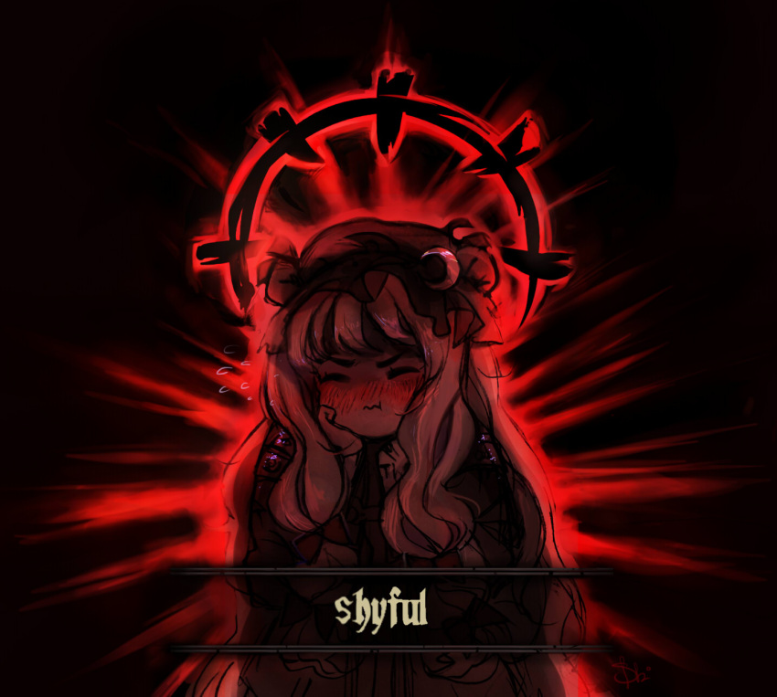 1girl backlighting bangs blush bow closed_eyes closed_mouth crescent crescent_moon_pin dark darkest_dungeon darkness embarrassed english flying_sweatdrops frilled_hat frills gameplay_mechanics hair_ribbon hands_on_own_cheeks hands_on_own_face hat hat_ribbon highres long_hair mob_cap nose_blush pajamas parody patchouli_knowledge ribbon sidelocks signature simple_background solo svveet touhou wavy_mouth