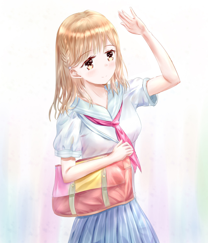 1girl absurdres bag blonde_hair blue_skirt blush braid brown_eyes dress hand_up handbag highres ldm long_hair looking_at_viewer original pink_neckwear school_uniform serafuku short_sleeves simple_background skirt standing