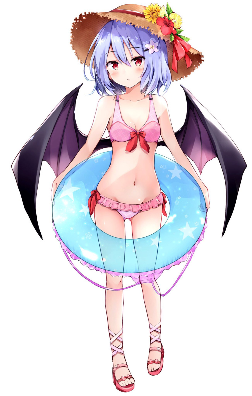 1girl bare_arms bare_shoulders bat_wings bikini blue_hair blush bow bow_bikini breasts brown_hat cleavage collarbone commentary_request eyebrows_visible_through_hair flower frilled_bikini frills full_body groin hair_between_eyes hair_flower hair_ornament hairclip hat hat_flower hat_ribbon highres hyurasan innertube leaf looking_at_viewer navel parted_lips pink_bikini red_bow red_eyes red_footwear red_ribbon remilia_scarlet ribbon sandals short_hair simple_background small_breasts solo standing star star_print stomach sun_hat swimsuit touhou white_background white_flower wings yellow_flower