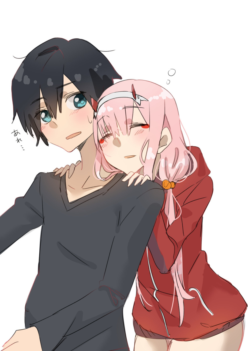 1boy 1girl absurdres black_hair blue_eyes blush closed_eyes commentary_request couple darling_in_the_franxx eyebrows_visible_through_hair fringe grey_shirt hair_ornament hairband hands_on_another's_shoulders highres hiro_(darling_in_the_franxx) hood hooded_jacket horns jacket long_hair long_sleeves looking_back nakoya_(nane_cat) oni_horns pink_hair red_horns red_jacket shirt short_hair white_hairband zero_two_(darling_in_the_franxx)