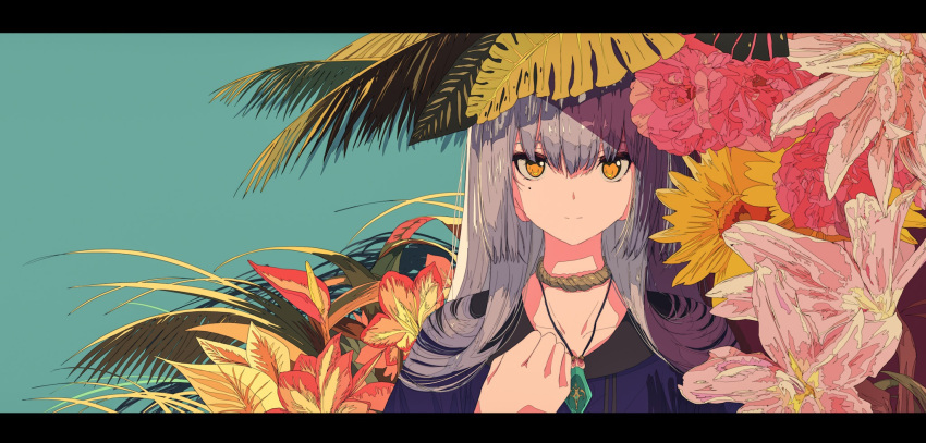 1girl collarbone fern flower highres kogecha_(coge_ch) long_hair looking_at_viewer necktie original purple_hair solo yellow_eyes