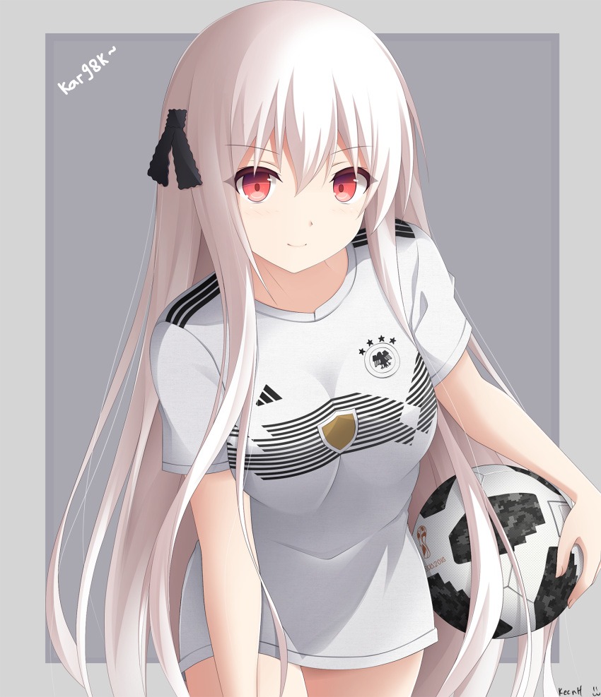 1girl 2018_fifa_world_cup ball bangs black_ribbon breasts character_name closed_mouth commentary_request cowboy_shot eyebrows_visible_through_hair girls_frontline hair_between_eyes hair_ribbon highres holding holding_ball holding_object kar98k_(girls_frontline) keenh leaning_forward long_hair looking_at_viewer no_pants red_eyes ribbon shirt signature smile soccer soccer_ball solo two-tone_background very_long_hair white_hair white_shirt world_cup