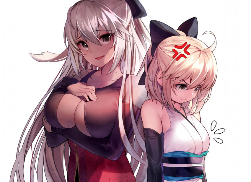 &gt;:( 2girls ahoge anger_vein bangs bare_shoulders black_bow blonde_hair bow breasts cleavage collarbone dark_skin detached_sleeves fate/grand_order fate_(series) gendo0032 grey_eyes grey_hair hair_between_eyes hair_bow japanese_clothes kimono koha-ace large_breasts long_hair long_sleeves looking_at_viewer looking_down multiple_girls obi okita_souji_(alter)_(fate) okita_souji_(fate) okita_souji_(fate)_(all) open_mouth sash short_hair simple_background small_breasts smile sweatdrop upper_body white_background white_hair white_kimono yellow_eyes