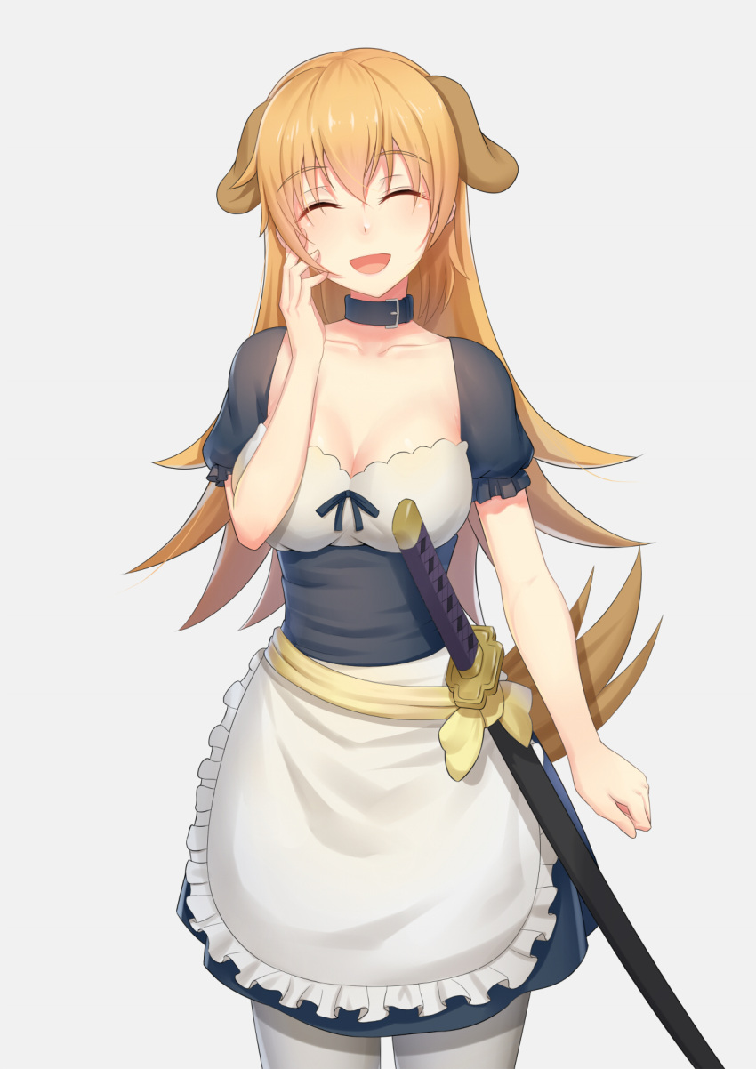 1girl anarchojs animal_ears apron black_skirt blonde_hair breasts cleavage closed_eyes collar collarbone cowboy_shot dog_ears dog_tail eyebrows_visible_through_hair frilled_apron frills grey_background hair_between_eyes hand_on_own_cheek head_tilt highres long_hair maid medium_breasts miniskirt open_mouth pantyhose sheath short_sleeves simple_background skirt smile solo standing tail todoroki_yachiyo very_long_hair white_apron white_legwear working!!