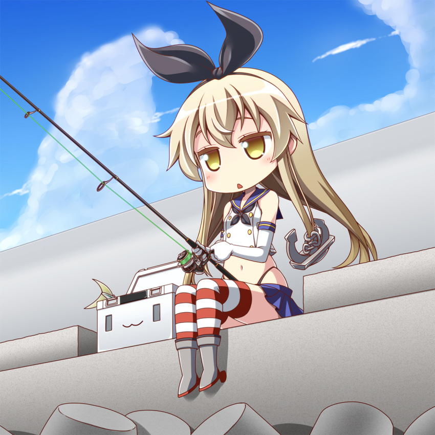 1girl :3 anchor_hair_ornament black_hairband blonde_hair blue_skirt blue_sky clouds commentary_request day elbow_gloves fishing fishing_rod gloves hair_ornament hairband highres horizontal-striped_legwear horizontal_stripes iganseijin kantai_collection long_hair navel outdoors rensouhou-chan shimakaze_(kantai_collection) sitting skirt sky solo striped thigh-highs white_gloves yellow_eyes
