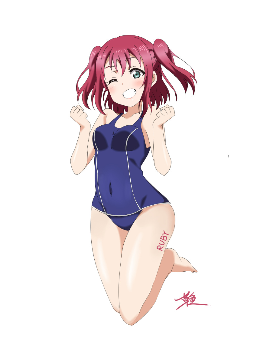 1girl ;d absurdres blue_swimsuit breasts collarbone covered_navel eyebrows_visible_through_hair full_body green_eyes hair_between_eyes highres kurosawa_ruby long_hair looking_at_viewer love_live! love_live!_sunshine!! one_eye_closed open_mouth redhead school_swimsuit signature simple_background small_breasts smile solo swimsuit twintails white_background