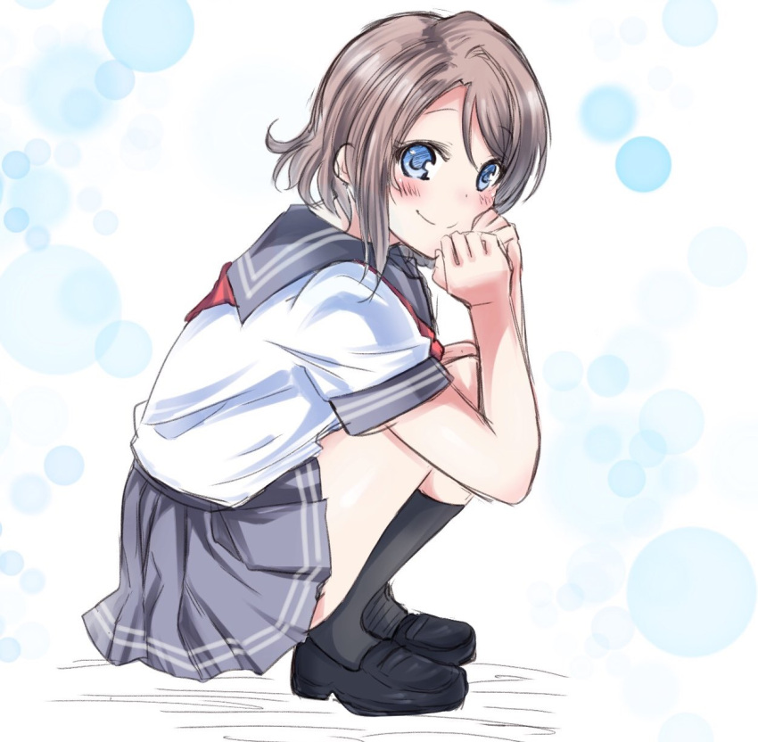 1girl black_footwear black_legwear blue_eyes blush brown_hair eyebrows_visible_through_hair from_side full_body grey_skirt hair_between_eyes highres loafers love_live! love_live!_sunshine!! miniskirt neckerchief pleated_skirt red_neckwear shirt shoes short_hair short_sleeves sketch skirt smile solo squatting watanabe_you white_shirt zero-theme