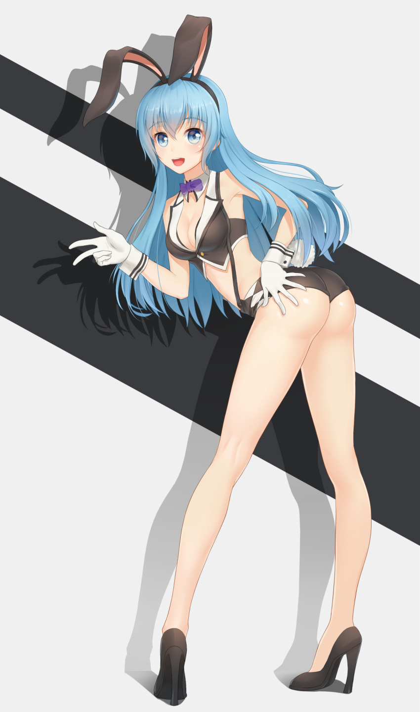 1girl :d anarchojs animal_ears bangs black_footwear black_hairband black_shorts blue_eyes blue_hair blunt_bangs bow bowtie breasts bunny_girl bunnysuit choker cleavage crop_top fake_animal_ears floating_hair full_body gloves hair_down hairband hand_on_ass hatsune_miku high_heels highres leaning_forward long_hair medium_breasts micro_shorts midriff open_mouth pumps purple_bow purple_neckwear rabbit_ears shadow shiny shiny_clothes shorts sleeveless smile solo standing suspender_shorts suspenders very_long_hair vocaloid w white_gloves