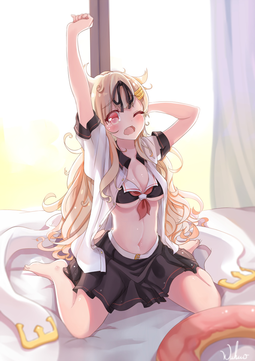 1girl absurdres arm_behind_head arm_up barefoot bed_sheet black_bikini_top black_ribbon black_skirt blonde_hair breasts cleavage collarbone dress_shirt fang hair_ornament hair_ribbon hairclip highres indoors kantai_collection long_hair medium_breasts midriff miniskirt navel one_eye_closed open_clothes open_mouth open_shirt pleated_skirt red_eyes remodel_(kantai_collection) ribbon shirt short_sleeves signature sitting skirt solo stomach stretch under_boob very_long_hair white_shirt wuhuo yuudachi_(kantai_collection)