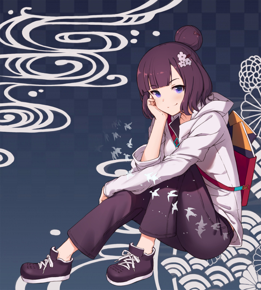 1girl bag blue_background blue_eyes blush checkered checkered_background closed_mouth fate/grand_order fate_(series) from_side full_body hair_bun hair_ornament hairclip hand_on_own_cheek highres jacket katsushika_hokusai_(fate/grand_order) kotoribako long_sleeves looking_at_viewer looking_to_the_side pants purple_footwear purple_hair purple_pants shoes short_hair sitting smile solo white_jacket