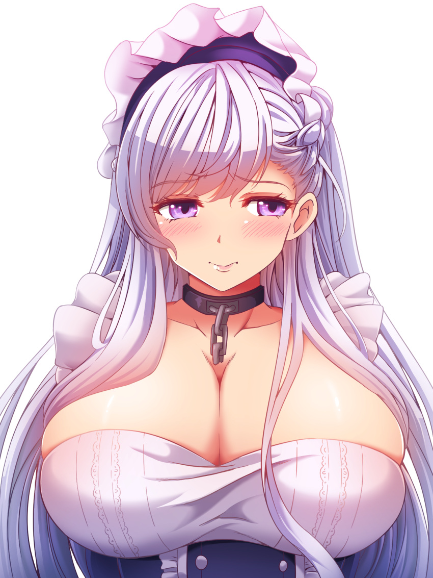 1girl azur_lane bangs belfast_(azur_lane) blush braid breasts chains cleavage collar collarbone corset dress eyebrows_visible_through_hair french_braid frills highres huge_breasts long_hair looking_away maid maid_headdress seraphina silver_hair simple_background smile solo underbust upper_body violet_eyes white_background