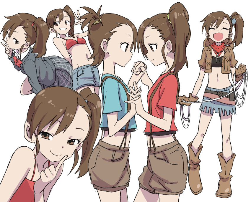 2girls :d bandanna beltbra blue_shirt boots bow bowtie bra breasts brown_footwear closed_mouth cowboy_boots cowboy_hat denim denim_shorts eye_contact futami_ami futami_mami grey_jacket grey_shorts grey_skirt hat highres idolmaster idolmaster_(classic) index_finger_raised interlocked_fingers jacket kneeling looking_at_another multiple_girls navel one_side_up open_mouth profile red_bra red_neckwear red_shirt school_uniform shirt short_hair shorts siblings simple_background sisters skirt small_breasts smile suspender_shorts suspenders twins underwear w white_background yamamoto_souichirou