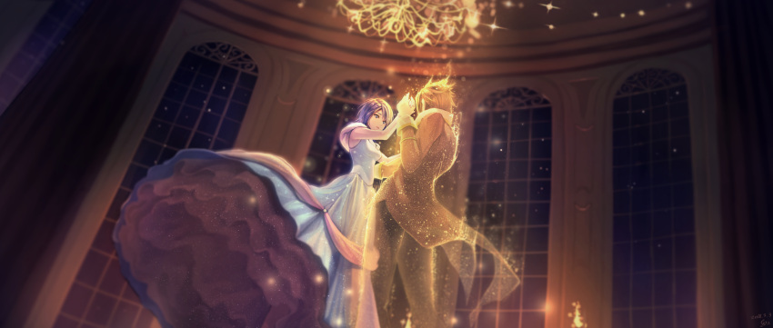 1boy 1girl absurdres alternate_costume aqua_(kingdom_hearts) bare_arms bare_shoulders beauty_and_the_beast blue_dress blue_eyes blue_hair breasts chandelier dancing dress formal gogo_(detteiu_de) hand_holding highres indoors kingdom_hearts kingdom_hearts_birth_by_sleep light_particles long_sleeves looking_at_another medium_breasts night night_sky open_mouth short_hair sky sparkle star_(sky) terra_(kingdom_hearts) window