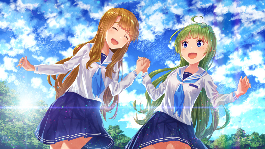 2girls :d blue_eyes blue_neckwear blue_skirt blue_sky breast_pocket closed_eyes clouds cloudy_sky commentary_request green_hair highres holding_hand idolmaster idolmaster_million_live! idolmaster_million_live!_theater_days interlocked_fingers lens_flare light_rays long_hair long_sleeves miyao_miya multiple_girls neckerchief open_mouth pleated_skirt pocket sailor_collar school_uniform serafuku shimabara_elena shirt sketch skirt sky smile someya_mai sun white_sailor_collar white_shirt