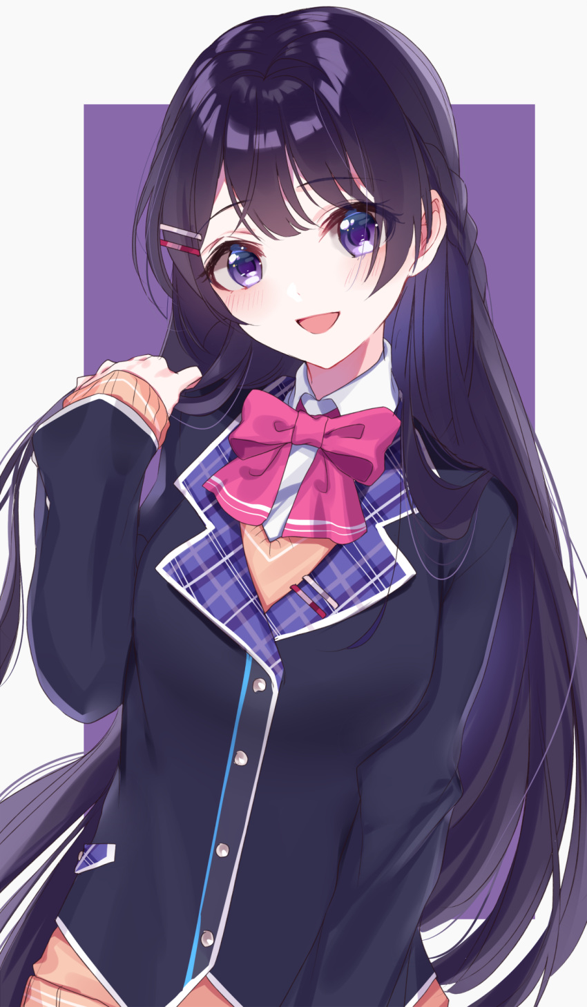 1girl black_hair black_jacket blazer blush border braid brown_cardigan cardigan collared_shirt grey_border grey_hairclip hair_ornament hairclip highres jacket long_hair long_sleeves looking_at_viewer misumi_(macaroni) nijisanji open_mouth pink_neckwear purple_background red_hairclip shirt smile solo tsukino_mito violet_eyes white_shirt