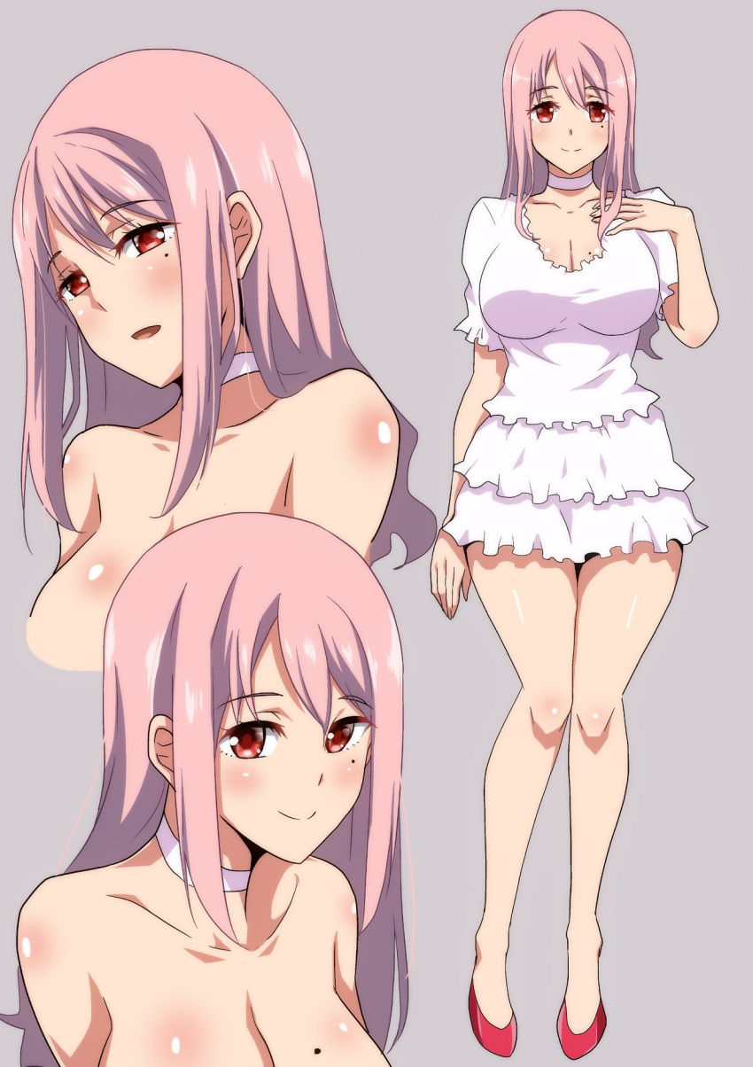 1girl blush breasts choker cleavage closed_mouth collarbone dress eyebrows_visible_through_hair frilled_dress frills full_body hera_(hara0742) highres large_breasts long_hair looking_at_viewer mole mole_on_breast mole_under_eye multiple_views original pink_eyes pink_hair puffy_short_sleeves puffy_sleeves red_eyes red_footwear short_sleeves smile white_choker white_dress