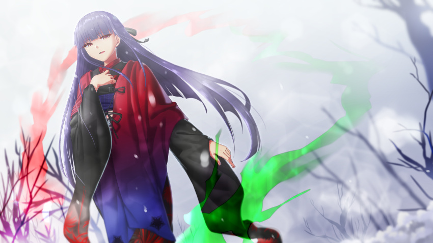 1girl absurdres asagami_fujino fate/grand_order fate_(series) grey_sky hair_ribbon highres japanese_clothes kara_no_kyoukai kimono long_hair magic mkon purple_hair red_eyes ribbon smile snow tree wide_sleeves winter