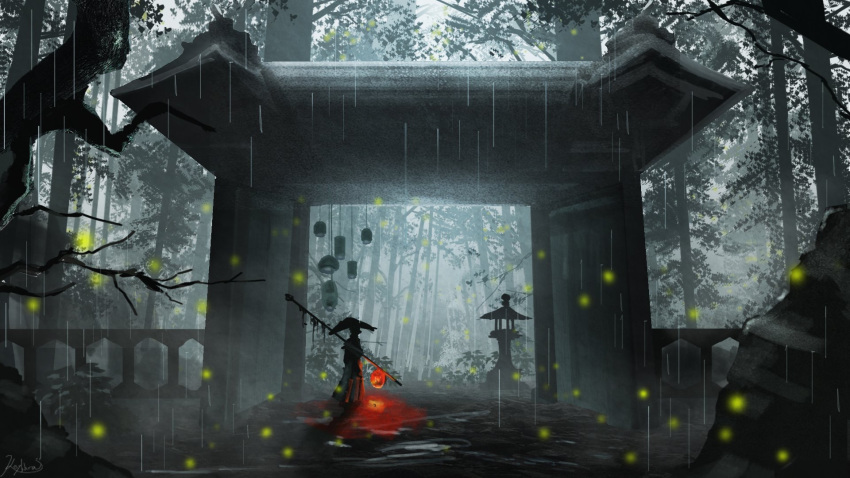 1other ambiguous_gender commentary_request fireflies forest highres holding kagikura nature original outdoors rain scenery shrine signature solo standing stone_lantern tree