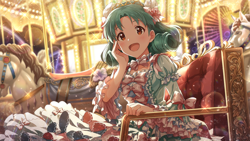 blue_hair blush dress idolmaster idolmaster_million_live! idolmaster_million_live!_theater_days red_eyes ribbon short_hair smile tokugawa_matsuri