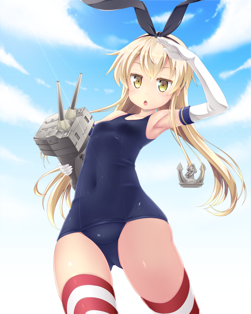 1girl :o anchor_hair_ornament armpits black_hairband blonde_hair blue_sky carrying clouds covered_navel day elbow_gloves gloves hair_ornament hairband highres horizontal-striped_legwear horizontal_stripes iganseijin kantai_collection long_hair looking_at_viewer one-piece_swimsuit open_mouth rensouhou-chan salute shimakaze_(kantai_collection) sky striped swimsuit thigh-highs white_gloves yellow_eyes