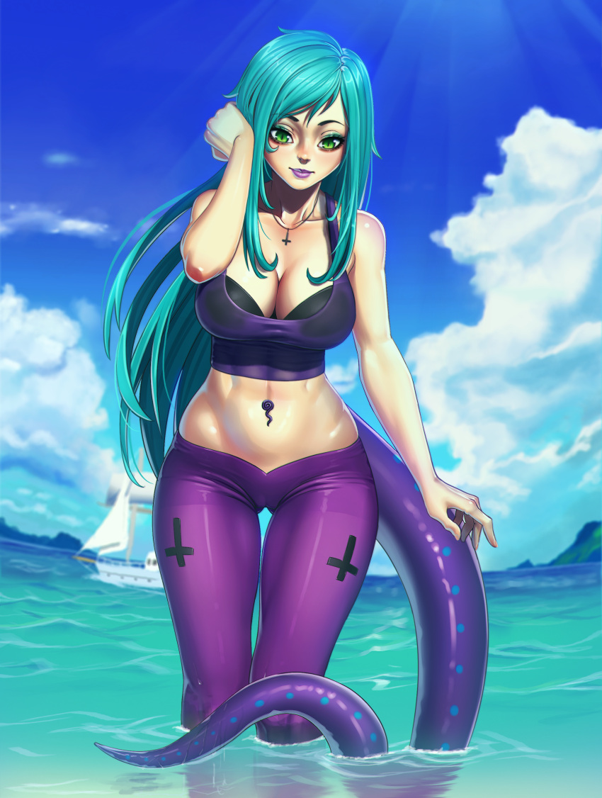 1girl absurdres aqua_hair breasts cleavage clouds cross green_eyes highres jewelry large_breasts long_hair necklace nikita_varb ocean original solo tail very_long_hair water yacht