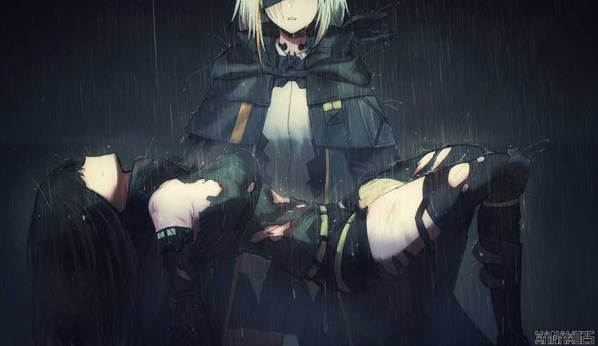 2girls armband artist_name asymmetrical_legwear bangs black_footwear black_hair black_legwear blonde_hair boots braid breasts carrying cloak closed_mouth corruption damaged deep_wound eyepatch girls_frontline gloves hair_between_eyes holding injury jacket knee_boots knee_pads long_hair looking_at_viewer m16a1_(girls_frontline) m4a1_(girls_frontline) multicolored_hair multiple_girls necktie open_mouth princess_carry rain ribbed_sweater sangvis_ferri scar shirt sidelocks single_braid skirt spoilers streaked_hair sweater sweater_vest thigh-highs torn_clothes white_hair xanax025