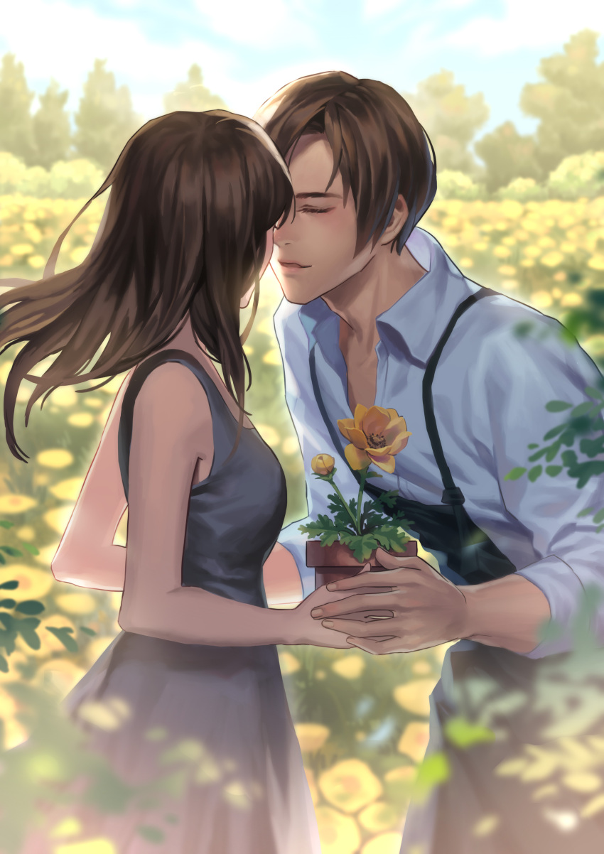 1boy 1girl absurdres aquarius_(artist) black_apron black_dress blue_sky brown_hair closed_eyes clouds couple cowboy_shot day dress field floating_hair flower flower_field from_side highres holding imminent_kiss leaning_forward long_hair original outdoors parted_lips shirt sky sleeveless sleeveless_dress standing sundress white_shirt yellow_flower