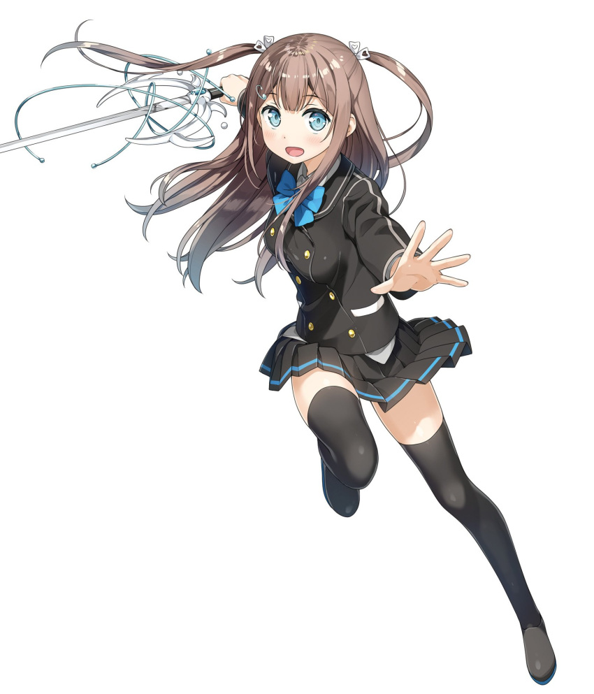 1girl :d ange_vierge bangs black_jacket black_legwear black_skirt blue_eyes blue_neckwear blush bow bowtie breasts brown_hair double-breasted eyebrows_visible_through_hair full_body hair_ornament hair_ribbon hairclip highres hinata_miumi holding holding_sword holding_weapon jacket kantoku leg_up long_hair long_sleeves looking_at_viewer medium_breasts official_art open_mouth outstretched_arms pleated_skirt ribbon school_uniform shoes simple_background skirt smile solo standing standing_on_one_leg sword thigh-highs two_side_up weapon white_background