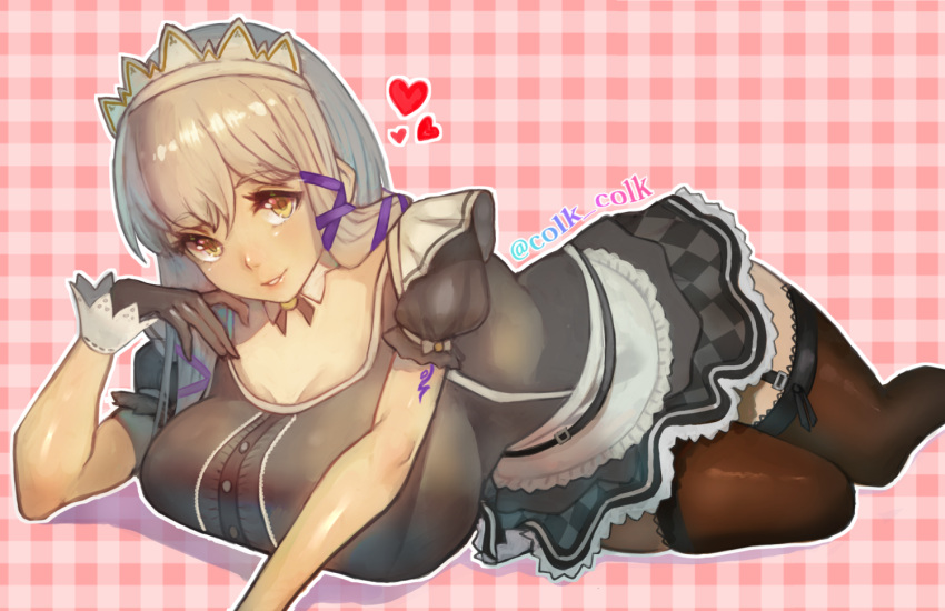 breasts brown_eyes brown_legwear clair_lasbard colk gloves heart large_breasts long_hair lying maid maid_headdress on_side parted_lips skindentation skirt smile star_ocean star_ocean_anamnesis thigh-highs twisted_torso twitter_username white_hair