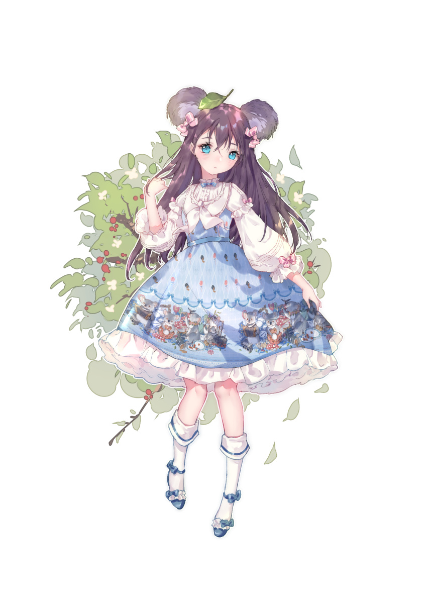 1girl absurdres animal_ears animal_print ankle_bow ankle_ribbon blue_dress blue_eyes blue_footwear blue_neckwear bow bowtie brown_hair dress frilled_dress frilled_sleeves frills full_body hair_between_eyes hair_bow highres lolita_fashion long_hair long_sleeves looking_at_viewer neckerchief original outline pink_bow playing_with_own_hair ribbon skirt_hold socks solo white_background white_legwear white_outline yuzhi
