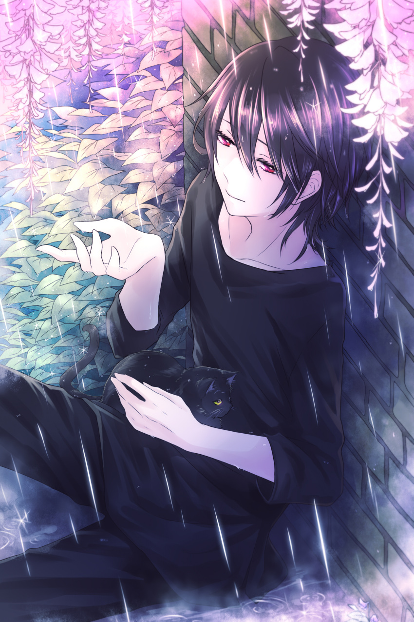 1boy against_wall black_hair black_pants black_shirt cat collarbone flower hair_between_eyes highres male_focus original outdoors pants pink_flower red_eyes shirt sitting solo wet yoizuru