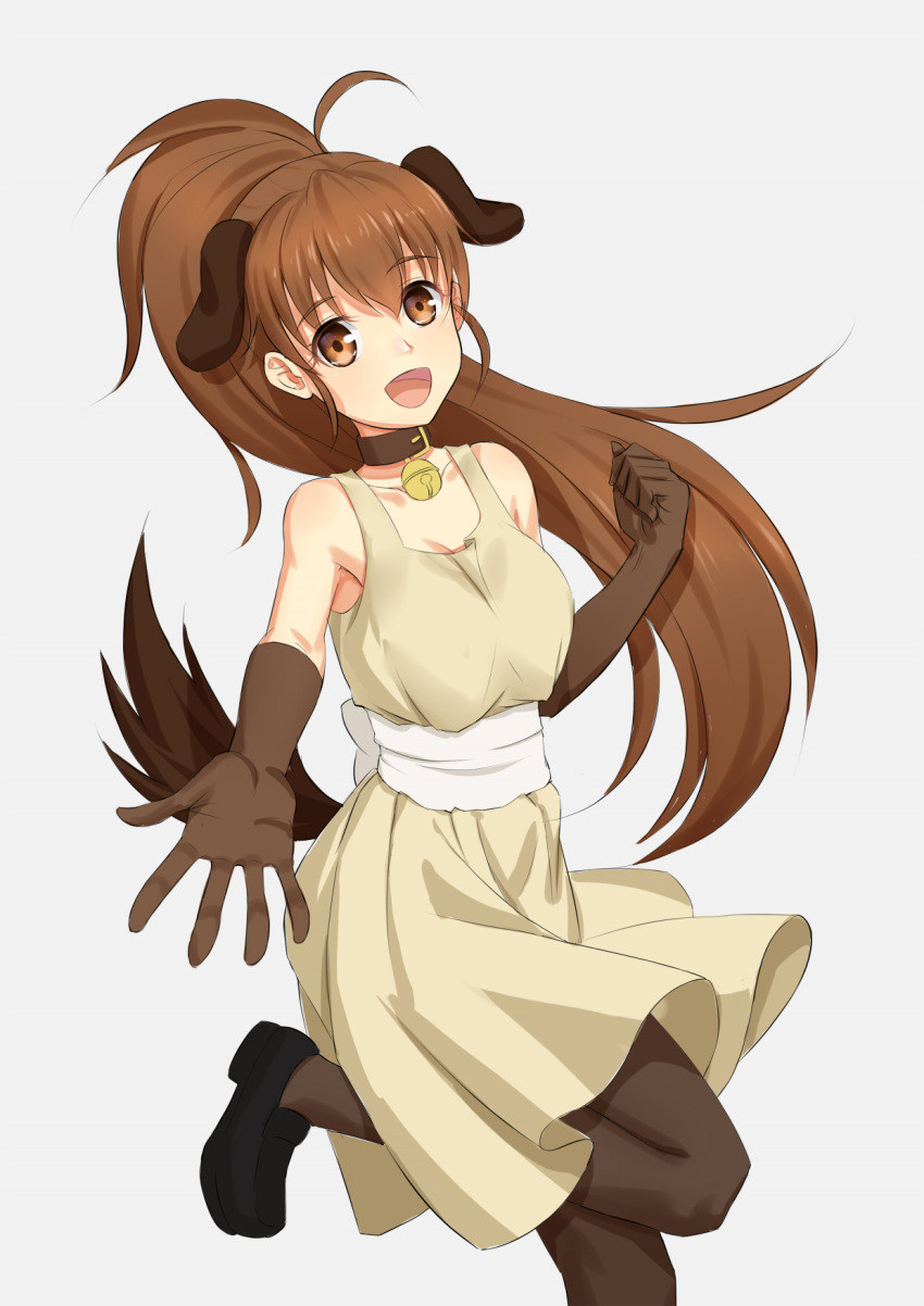 1girl :d ahoge anarchojs animal_ears back_bow bangs bell bell_collar black_footwear blunt_bangs bow breasts brown_eyes brown_gloves brown_hair brown_legwear cleavage collar collarbone dog_ears dog_tail dress elbow_gloves eyebrows_visible_through_hair floating_hair gloves grey_background grey_dress hair_between_eyes high_ponytail highres loafers long_hair medium_breasts one_leg_raised open_mouth outstretched_arm pantyhose shoes short_dress simple_background sleeveless sleeveless_dress smile solo standing standing_on_one_leg tail taneshima_popura very_long_hair white_bow working!!