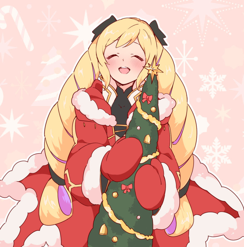 1girl black_bow blonde_hair blush bow christmas_tree closed_eyes cosplay elise_(fire_emblem_if) fire_emblem fire_emblem:_kakusei fire_emblem_heroes fire_emblem_if fur_trim hair_bow highres hood hood_down konagona long_hair long_sleeves male_my_unit_(fire_emblem:_kakusei) mittens multicolored_hair my_unit my_unit_(cosplay) my_unit_(fire_emblem:_kakusei) open_mouth purple_hair red_mittens santa_costume solo twintails