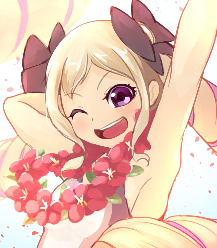 1girl armpits blonde_hair drill_hair elise_(fire_emblem_if) fire_emblem fire_emblem_heroes fire_emblem_if flower_wreath hair_ribbon highres long_hair looking_at_viewer nakabayashi_zun open_mouth ribbon simple_background smile solo swimsuit twin_drills violet_eyes