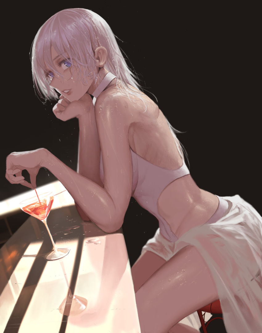 1girl bar_stool bare_shoulders blue_eyes breasts choker cup dishwasher1910 drinking_glass hair_down highres long_hair medium_breasts parted_lips reflection rwby scar scar_across_eye simple_background sitting solo stool sweat weiss_schnee wet white_hair