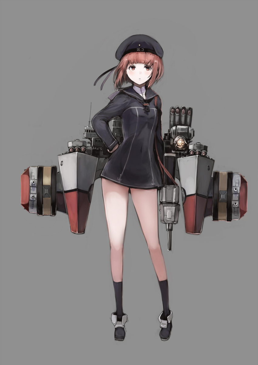 1girl absurdres beret blush brown_eyes brown_hair commentary_request covered_navel dress grey_background hand_on_hip hat highres kantai_collection long_sleeves looking_at_viewer machinery sailor_collar sailor_dress sailor_hat short_hair socks solo sumisu_(mondo) thighs z3_max_schultz_(kantai_collection)