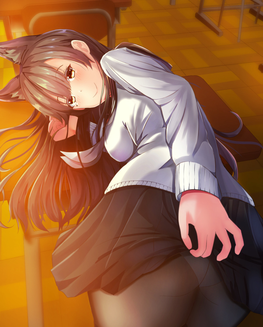 1girl alternate_costume animal_ears ass atago_(azur_lane) azur_lane bangs bent_over black_hair black_legwear black_skirt blush breasts brown_eyes classroom closed_mouth commentary_request crotch_seam evening extra_ears eyebrows_visible_through_hair from_behind hair_between_eyes hair_ornament hair_ribbon head_tilt highres large_breasts lifted_by_self long_hair long_sleeves looking_at_viewer looking_back mole mole_under_eye neckerchief on_table panties pantyhose pleated_skirt ponyaru red_neckwear ribbon sailor_collar school_uniform serafuku sidelocks skirt skirt_lift smile solo sweater table thighband_pantyhose underwear white_panties white_sweater