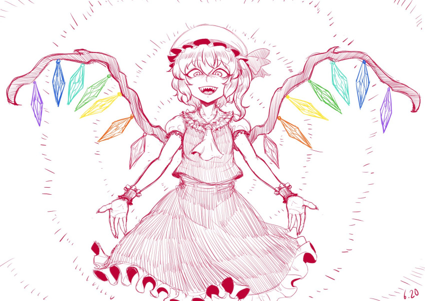 ascot crystal dress eyebrows_visible_through_hair fangs flandre_scarlet frilled_dress frilled_shirt_collar frilled_skirt frilled_sleeves frills hair_between_eyes hat hat_ribbon highres looking_at_viewer mob_cap one_side_up open_mouth parallax05 puffy_short_sleeves puffy_sleeves ribbon short_sleeves side_ponytail simple_background skirt smile touhou vest white_background wings wrist_cuffs