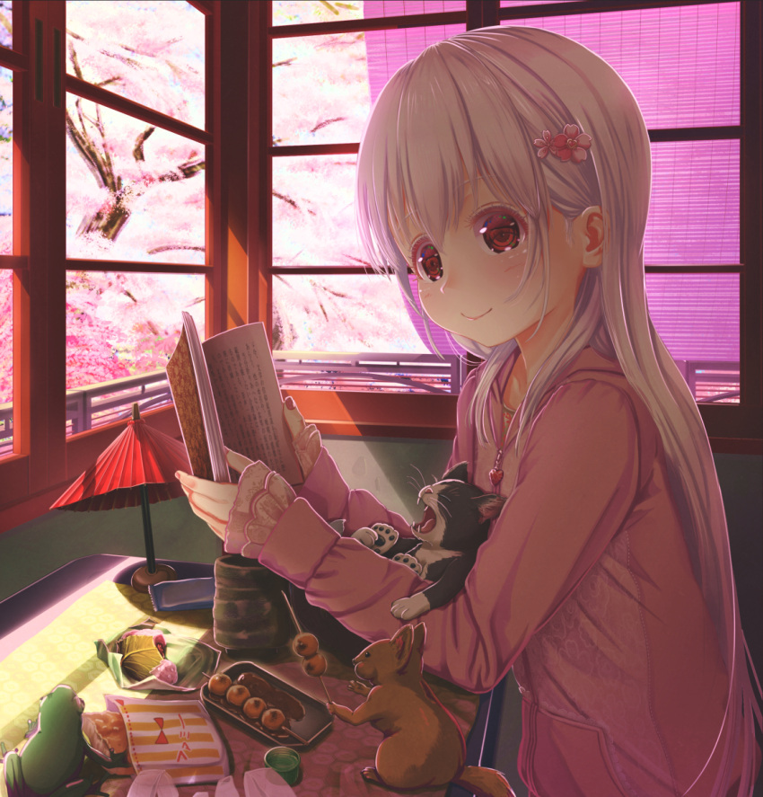 1girl abo_(kawatasyunnnosukesabu) animal bangs book cat cherry_blossoms commentary_request cup dango flower food frog hair_flower hair_ornament hanami highres holding holding_book indoors long_hair long_sleeves nail_polish open_book original pink_hoodie pink_nails red_eyes sakura_mochi shade sleeves_past_wrists solo spring_(season) squirrel tree umbrella wagashi white_hair window wrapper yawning yunomi