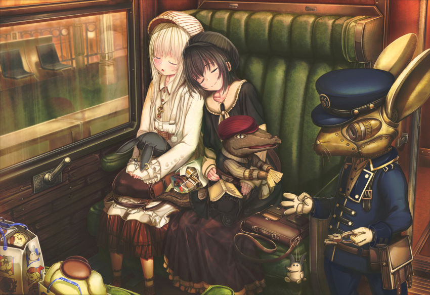 2girls abo_(kawatasyunnnosukesabu) animal bag bag_charm bag_on_lap bangs black_hair black_hat blue_hat book charm_(object) clothed_animal crocodile crocodilian frilled_sleeves frills gloves handbag hat holding leaning_on_person long_hair long_sleeves multiple_girls neckerchief open_book open_mouth original pouch rabbit redhead robot short_hair sitting skirt sleeping sleeves_past_wrists smile striped_hat ticket ticket_puncher train_conductor train_interior white_gloves white_hair white_hat white_neckwear window
