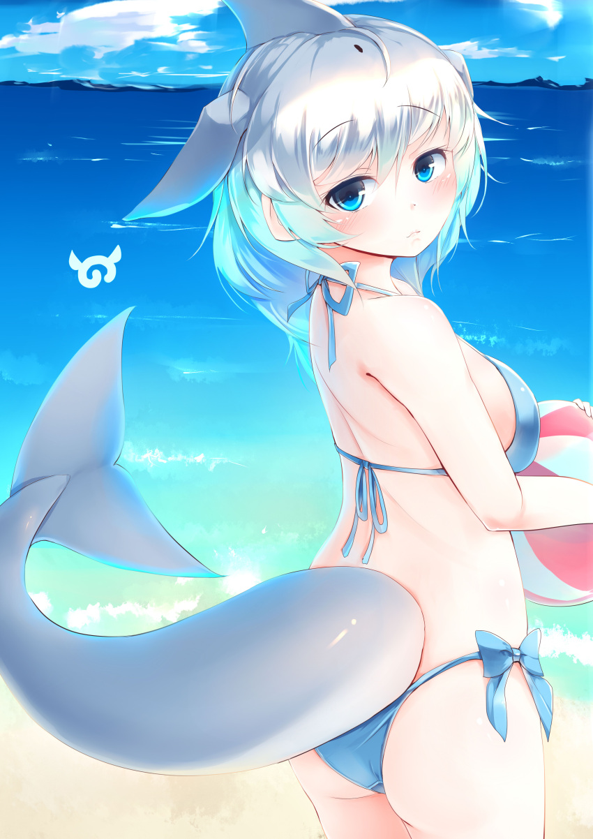 1girl absurdres ball beachball bikini blue_bikini blue_eyes blue_hair blue_sky clouds commentary_request common_bottlenose_dolphin_(kemono_friends) day dolphin_tail from_behind gradient_hair head_fins highres japari_symbol kanzakietc kemono_friends looking_at_viewer looking_back multicolored_hair outdoors short_hair side-tie_bikini silver_hair sky solo swimsuit tail