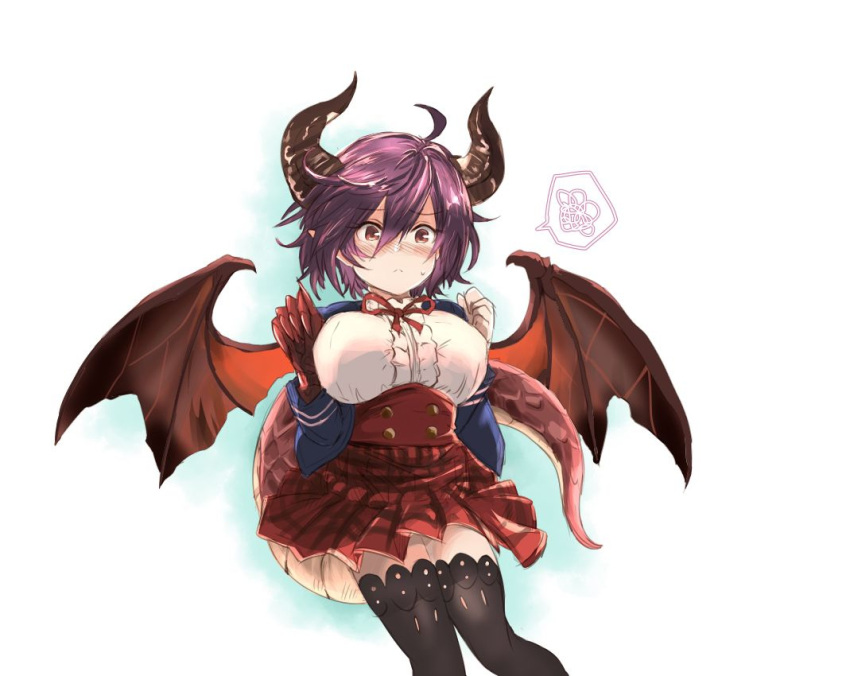 1girl ahoge black_legwear blush breasts brown_eyes claws clenched_hand dragon_horns dragon_tail dragon_wings granblue_fantasy grea_(shingeki_no_bahamut) hands_up horns koko_(hm142533) large_breasts looking_at_viewer pointy_ears purple_hair red_eyes red_skirt short_hair simple_background skirt solo standing sweatdrop tail wings